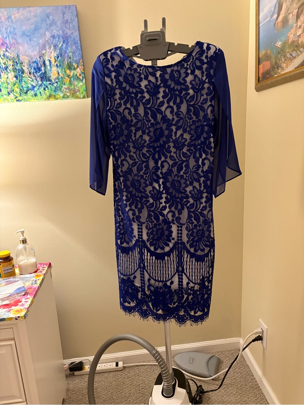 Blue Lace Sheath Dress with Sheer Sleeve